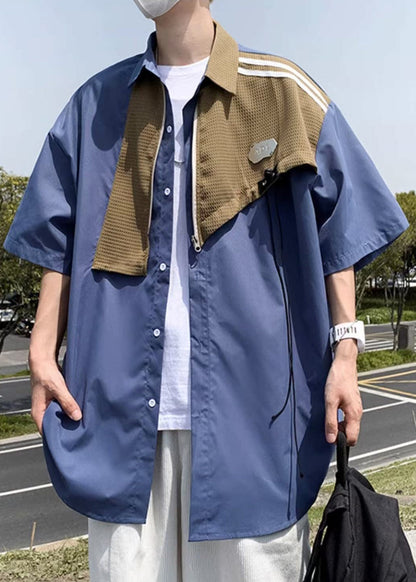 Modern Blue Zippered Patchwork Cotton Shirts Half Sleeve
