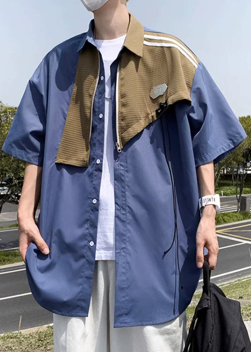 Modern Blue Zippered Patchwork Cotton Shirts Half Sleeve
