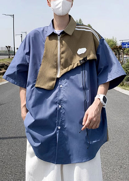 Modern Blue Zippered Patchwork Cotton Shirts Half Sleeve