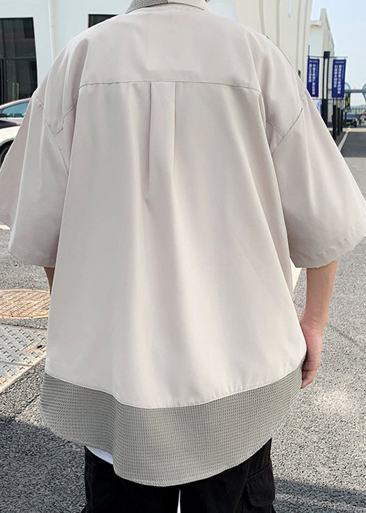 Modern Blue Zippered Patchwork Cotton Shirts Half Sleeve