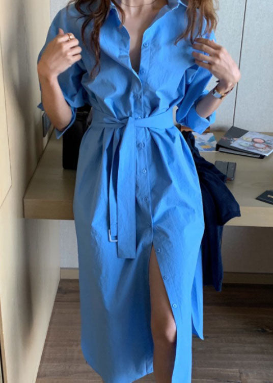 Modern Blue Tie Waist Side Open Cotton Dress Spring