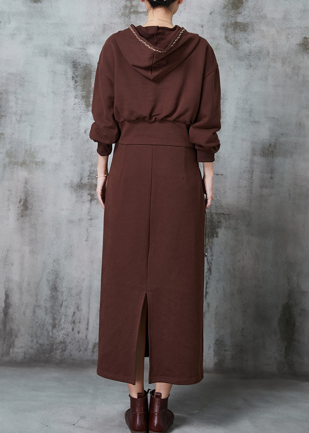 Modern Brown Embroidered Cotton Sweatshirt Dress Spring