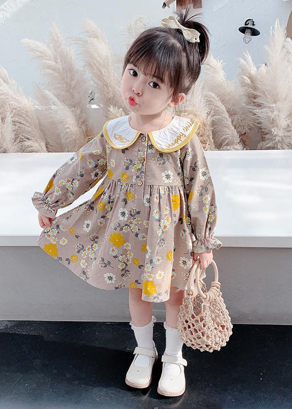 Modern Brown Embroideried Print Vacation Long Dresses Long Sleeve