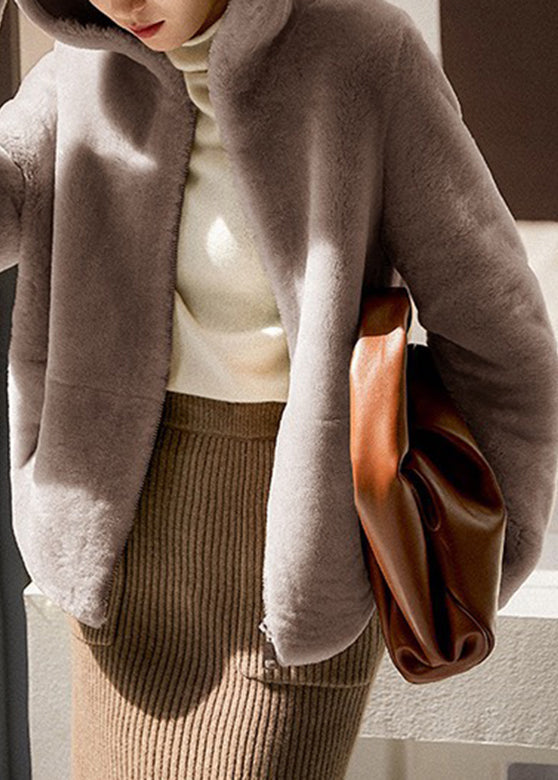 Modern Brown Patchwork Zippered Mink Hair Hoodie Coat Long Sleeve