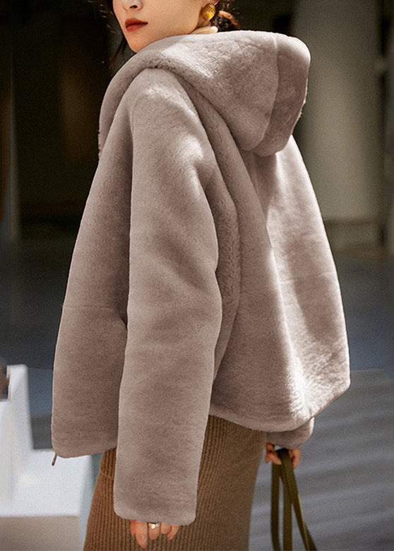 Modern Brown Patchwork Zippered Mink Hair Hoodie Coat Long Sleeve
