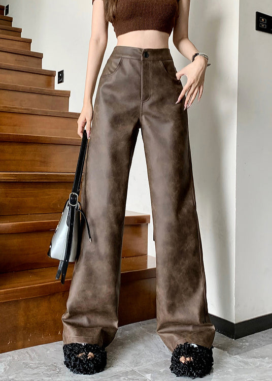 Modern Brown Pockets High Waist Faux Leather Pants Spring