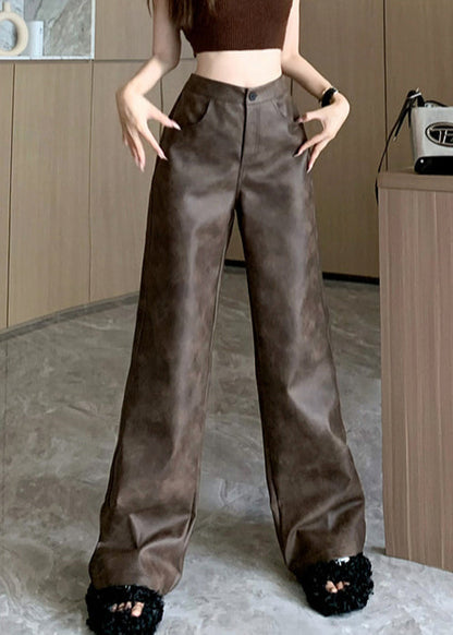 Modern Brown Pockets High Waist Faux Leather Pants Spring