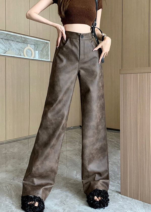 Modern Brown Pockets High Waist Faux Leather Pants Spring