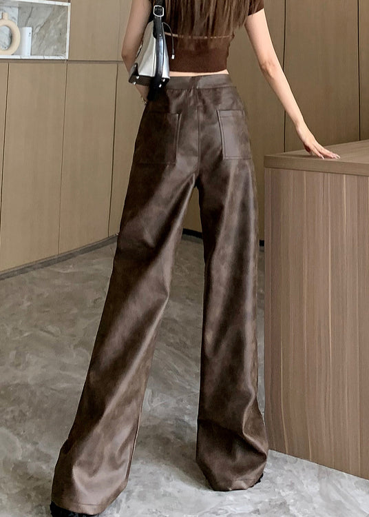 Modern Brown Pockets High Waist Faux Leather Pants Spring