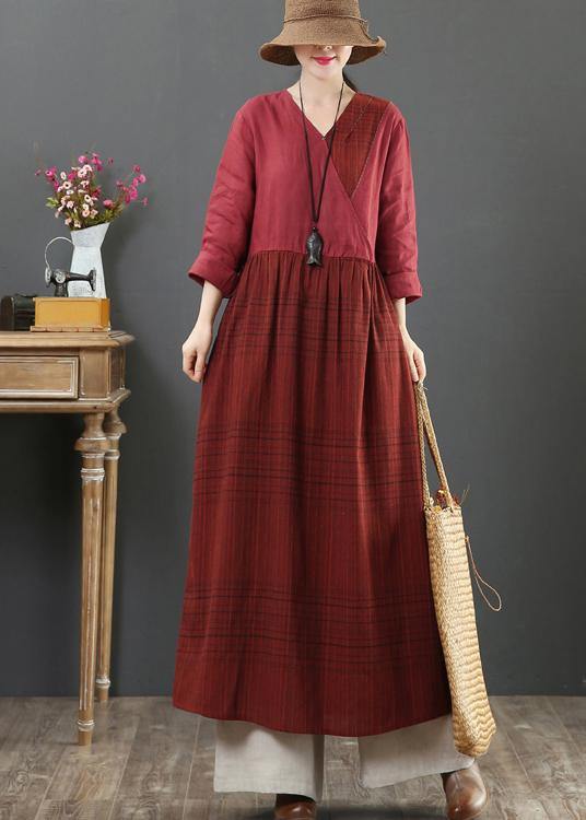 Modern Burgundy Plaid Tunic V Neck Tie Waist Maxi Spring Dress