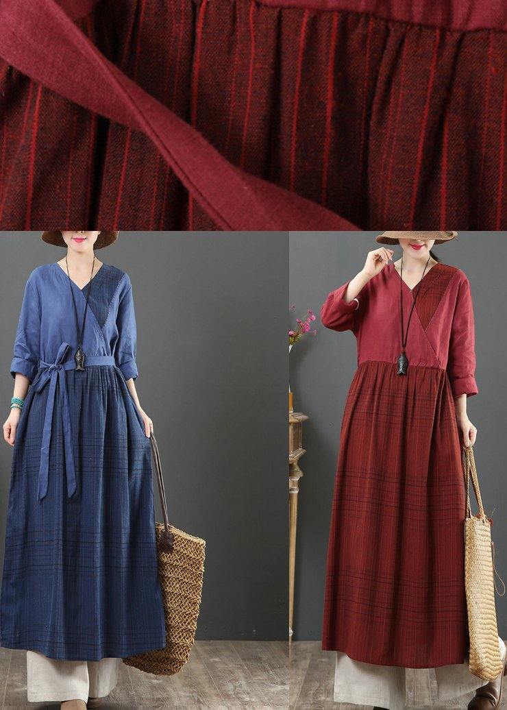 Modern Burgundy Plaid Tunic V Neck Tie Waist Maxi Spring Dress