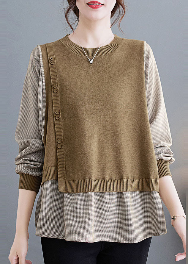 Modern Camel O-neck Knit Patchwork Top Fall