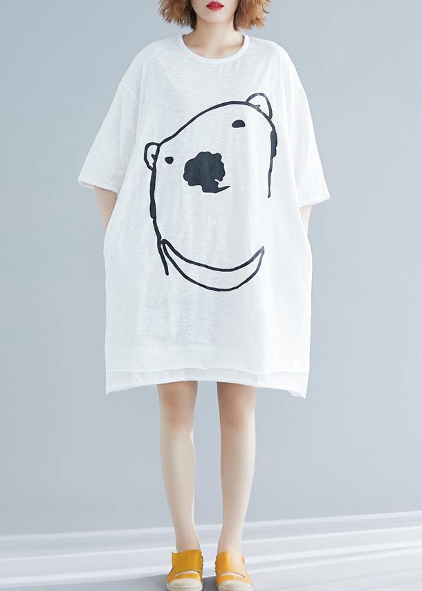 Modern Cartoon Print Cotton Long Shirts Fabrics White Dress Summer