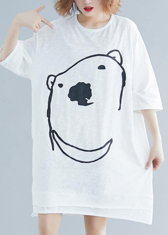 Modern Cartoon Print Cotton Long Shirts Fabrics White Dress Summer