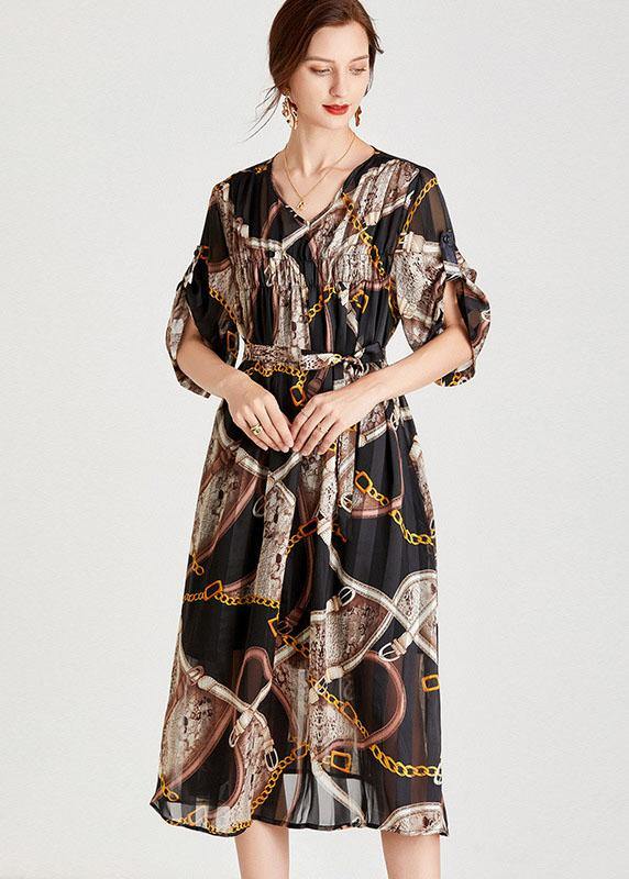 Modern Chains Black Tie Waist a Line Fall Chiffon Half Sleeve Vacation Dress