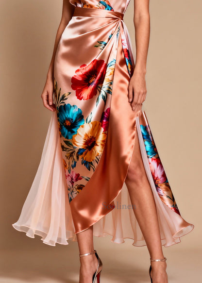 Modern Champagne Asymmetrical Patchwork Tulle Flower Print Dinner Dress Summer