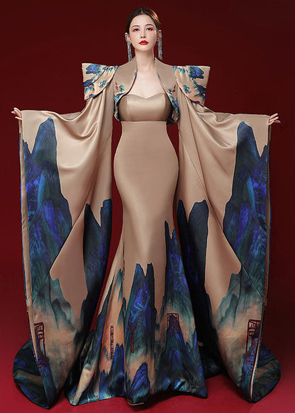 Modern Champagne Patchwork Silk Mantle and Bustier Fishtail Dress Two Pieces Set Long Sleeve