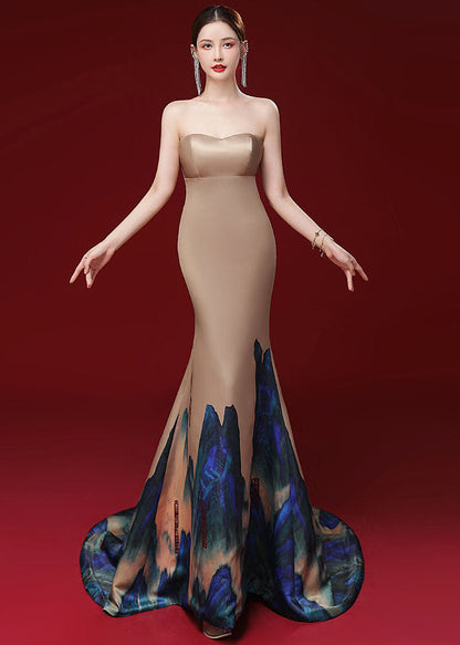 Modern Champagne Patchwork Silk Mantle and Bustier Fishtail Dress Two Pieces Set Long Sleeve