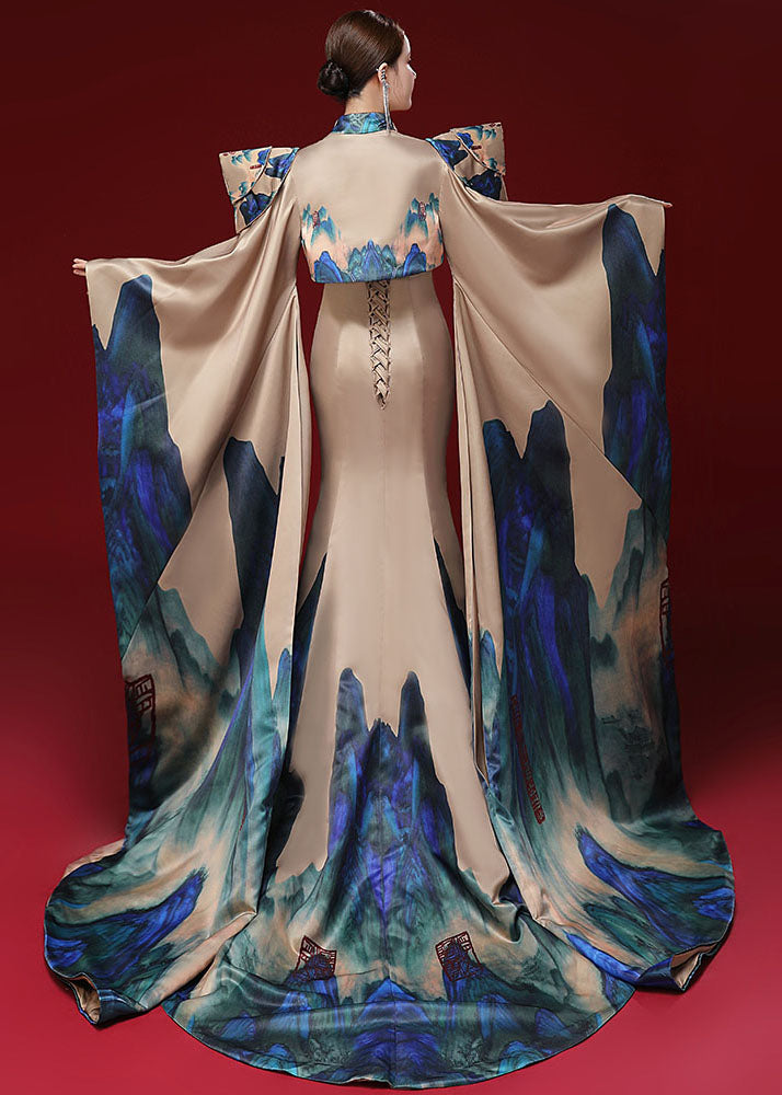 Modern Champagne Patchwork Silk Mantle and Bustier Fishtail Dress Two Pieces Set Long Sleeve