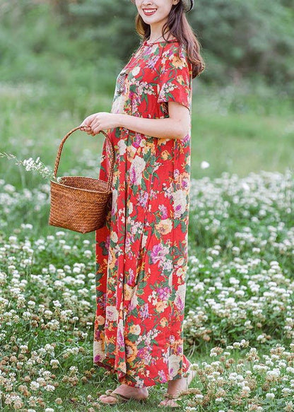 Modern Chinese Button Summer Clothes Tutorials Red Print Traveling Dresses