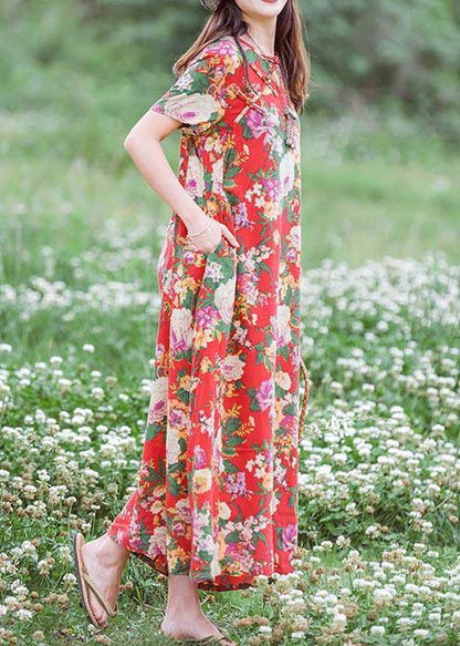 Modern Chinese Button Summer Clothes Tutorials Red Print Traveling Dresses