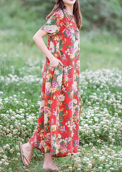 Modern Chinese Button Summer Clothes Tutorials Red Print Traveling Dresses