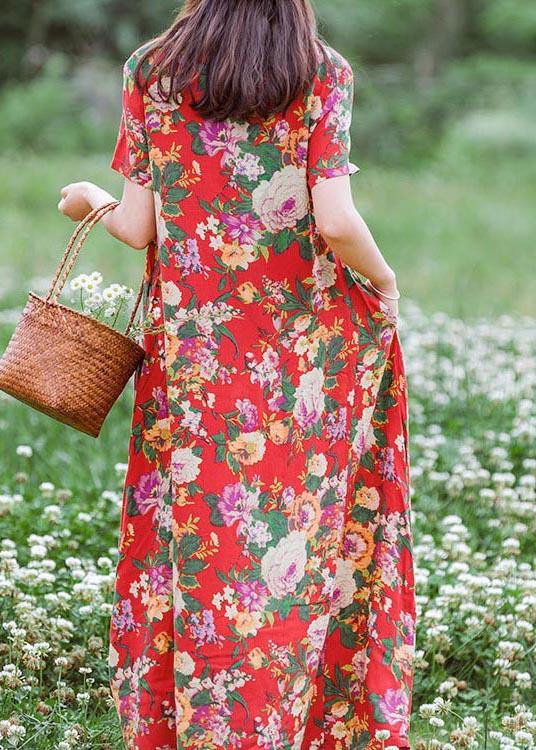 Modern Chinese Button Summer Clothes Tutorials Red Print Traveling Dresses
