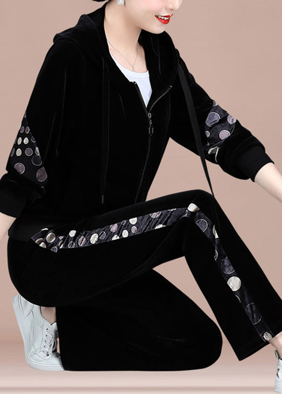 Modern Circle Zippered Print Silk Velour Hooded Coats and Pants Two Pieces Set Fall