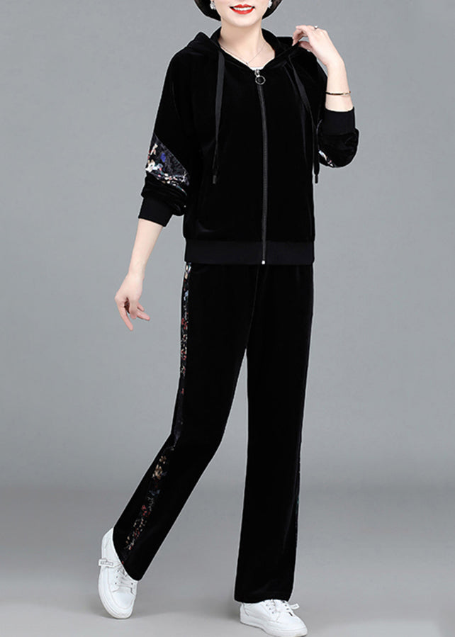 Modern Circle Zippered Print Silk Velour Hooded Coats and Pants Two Pieces Set Fall