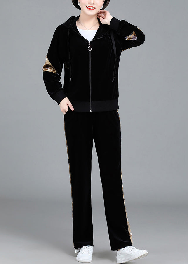Modern Circle Zippered Print Silk Velour Hooded Coats and Pants Two Pieces Set Fall