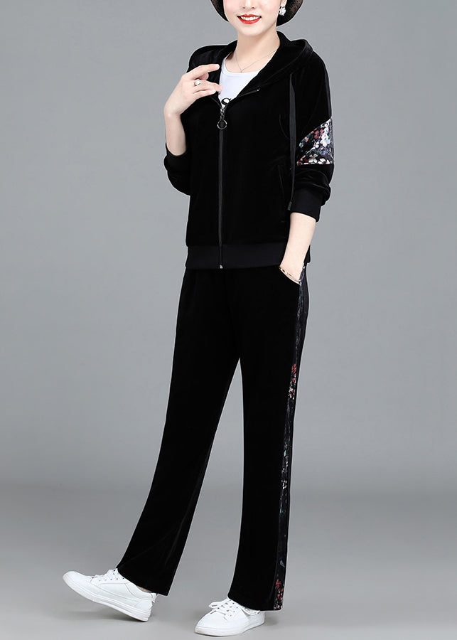 Modern Circle Zippered Print Silk Velour Hooded Coats and Pants Two Pieces Set Fall