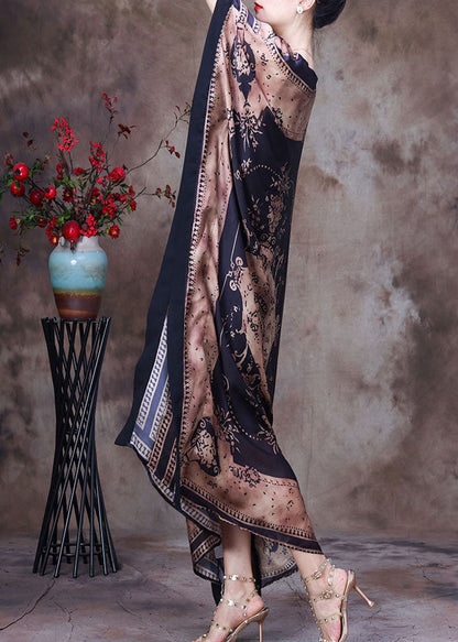 Modern Chocolate O-neck Print Silk Long Dress Gown Batwing Sleeve