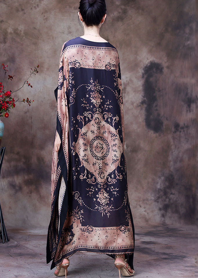 Modern Chocolate O-neck Print Silk Long Dress Gown Batwing Sleeve