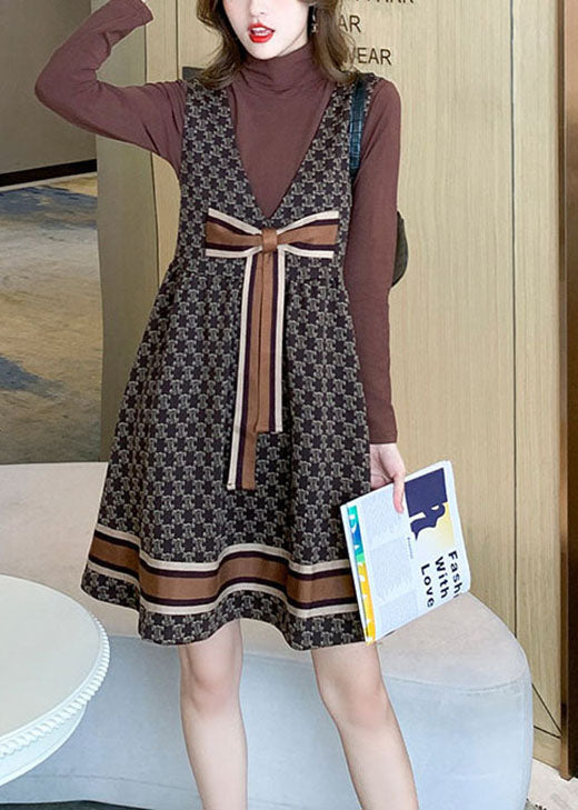 Modern Chocolate Retro V Neck Print Fall Two Piece Set Dresses