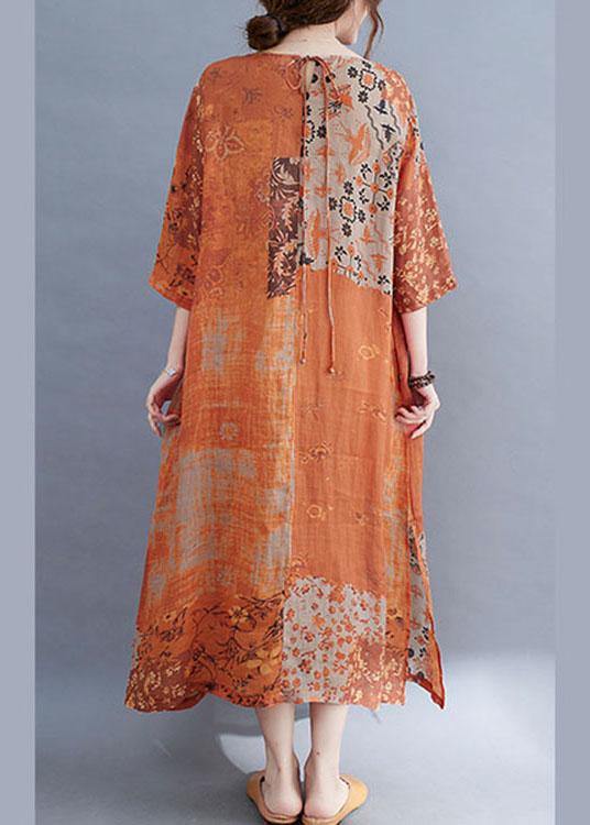Modern Color Block Loose O-neck Print Summer Side Open Dress Half Sleeve
