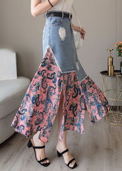 Modern Colorblock Asymmetrical Denim Patchwork Chiffon Skirts Spring