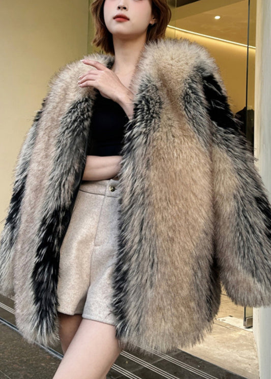 Modern Colorblock Leather and Fur Coats V Neck Spring