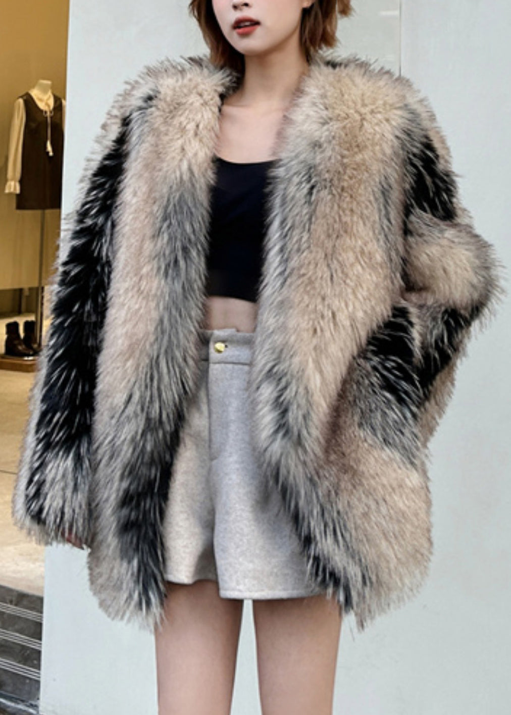 Modern Colorblock Leather and Fur Coats V Neck Spring