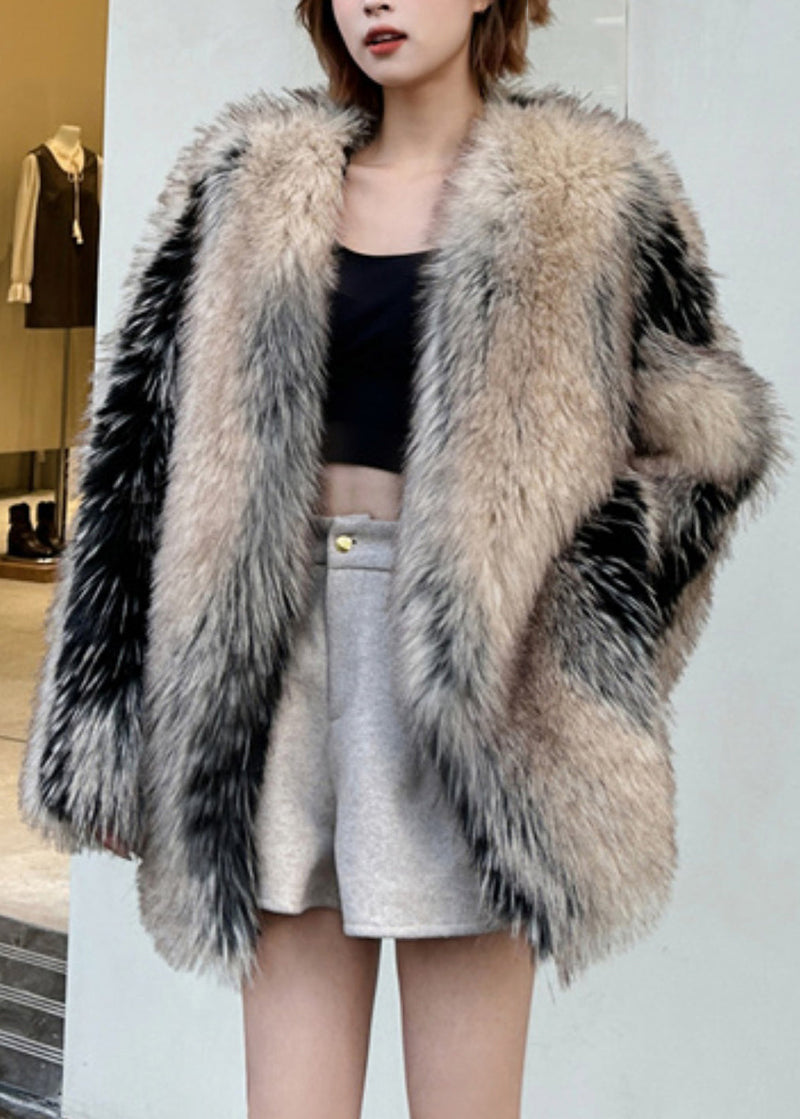 Modern Colorblock Leather and Fur Coats V Neck Spring