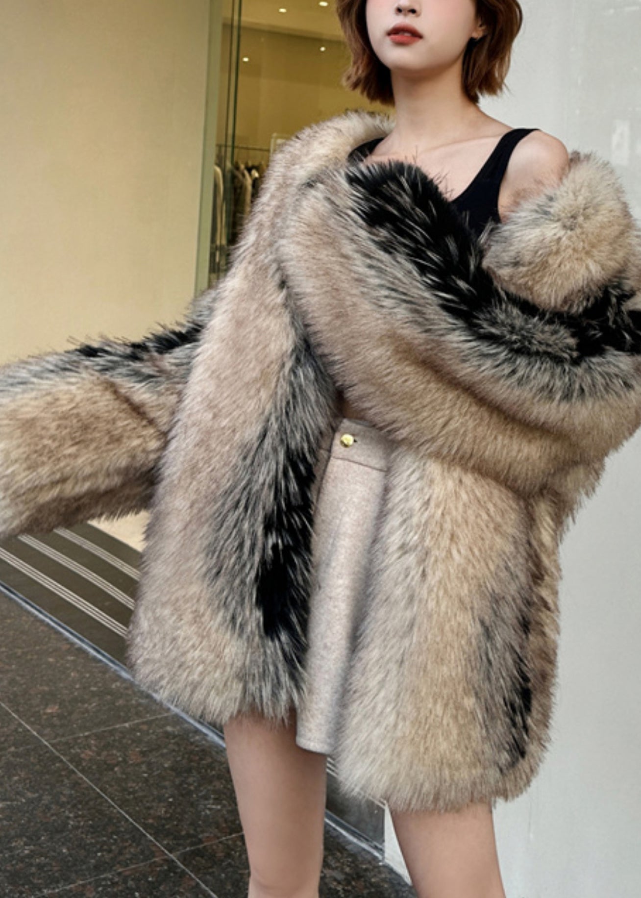 Modern Colorblock Leather and Fur Coats V Neck Spring