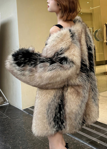 Modern Colorblock Leather and Fur Coats V Neck Spring