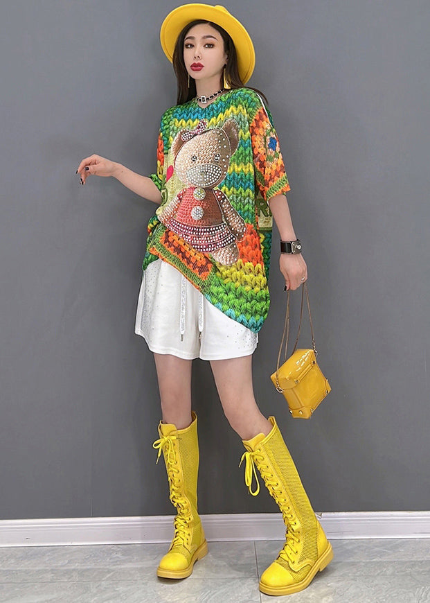 Modern Colorblock Multi O-neck Bear Print Cotton Tanks Tops Short Sleeve