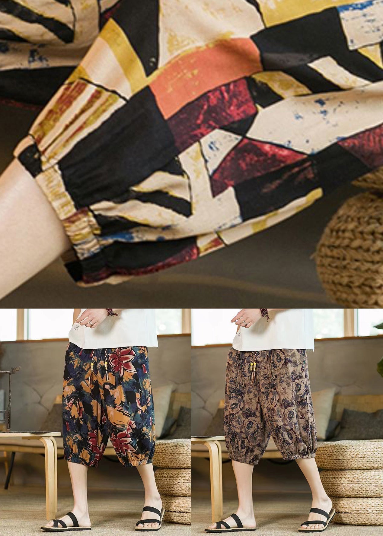 Modern Colorblock Pockets High Waist Cotton Crop Pants
