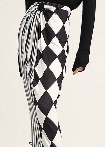 Modern Colorblock Side Open Print Patchwork Silk Skirts Spring