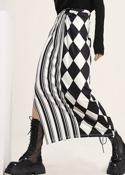 Modern Colorblock Side Open Print Patchwork Silk Skirts Spring