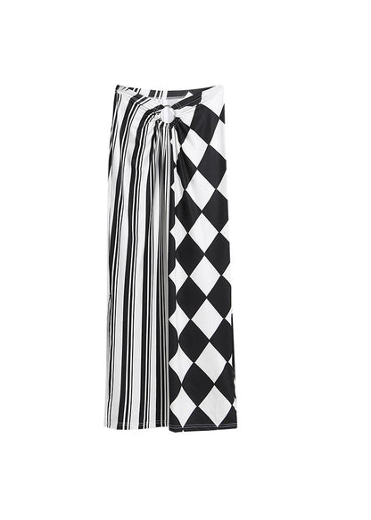 Modern Colorblock Side Open Print Patchwork Silk Skirts Spring