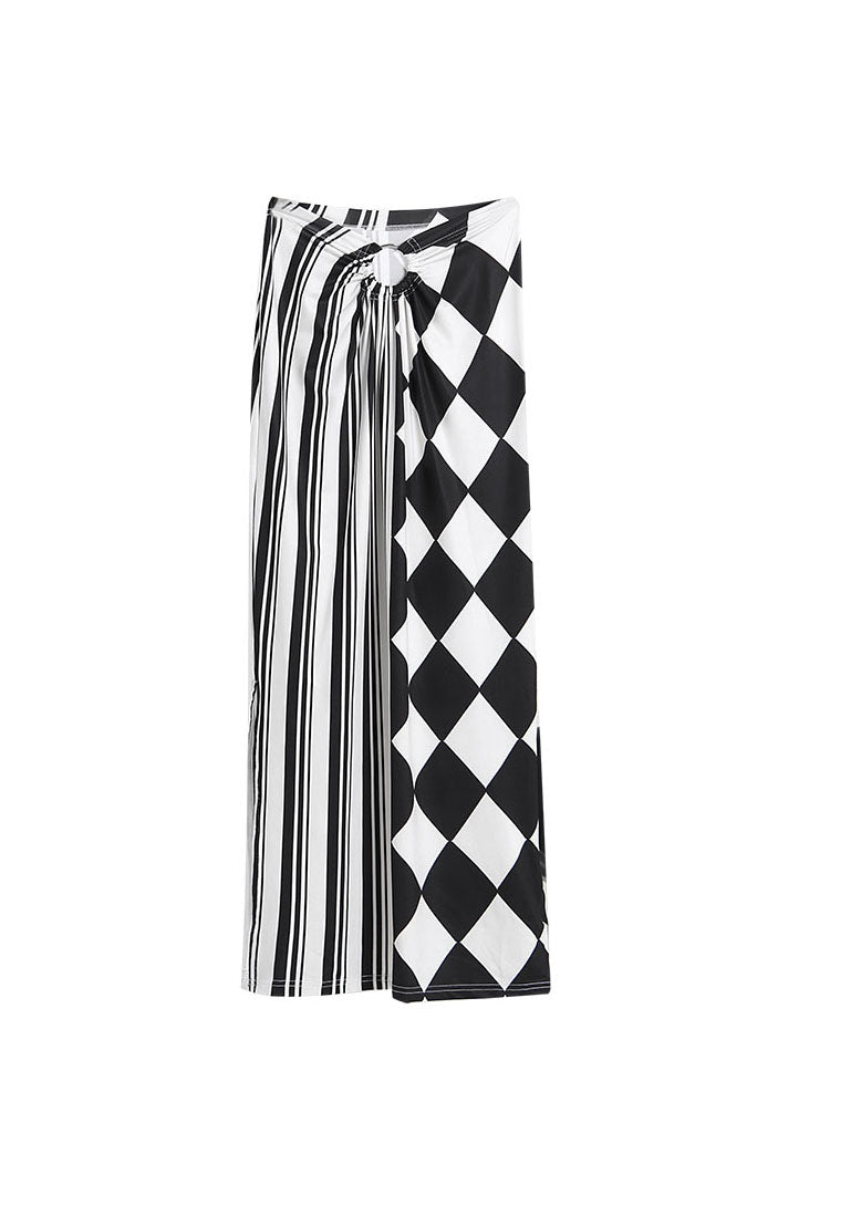 Modern Colorblock Side Open Print Patchwork Silk Skirts Spring