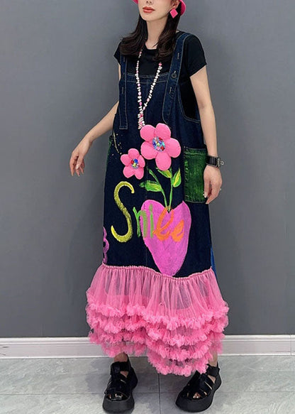 Modern Dark Blue Patchwork Pink Tulle Patchwork Maxi Dresses Sleeveless
