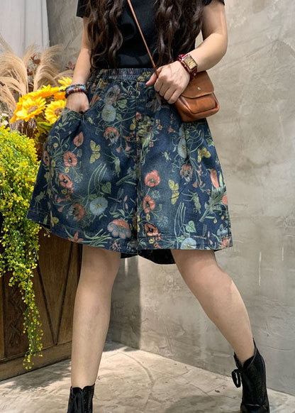 Modern Dark Blue Print Denim Shorts Summer