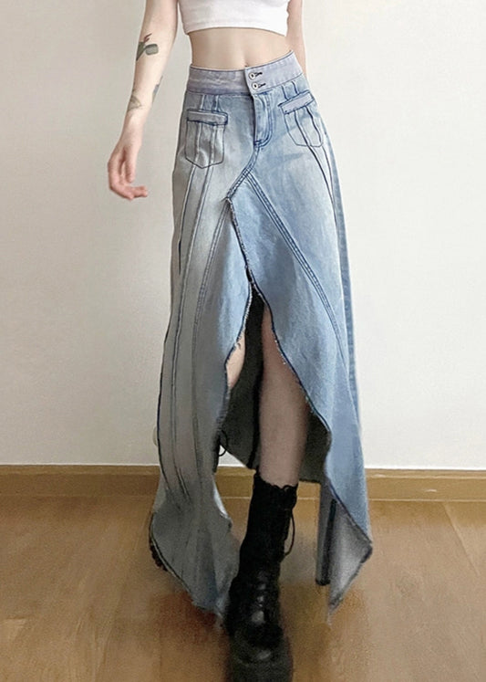 Modern Denim Blue Asymmetrical Ruffled Patchwork High Waist a Line Skirt Spring